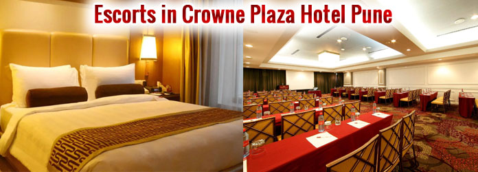 Luxury bedroom and spacious conference hall at Crowne Plaza Hotel Pune with bold red text reading "Escorts in Crowne Plaza Hotel Pune"