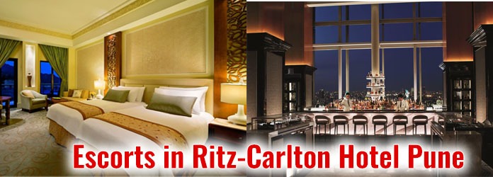 Luxury bedroom suite and stylish rooftop bar view at Ritz-Carlton Hotel Pune with bold red text reading "Escorts in Ritz-Carlton Hotel Pune"